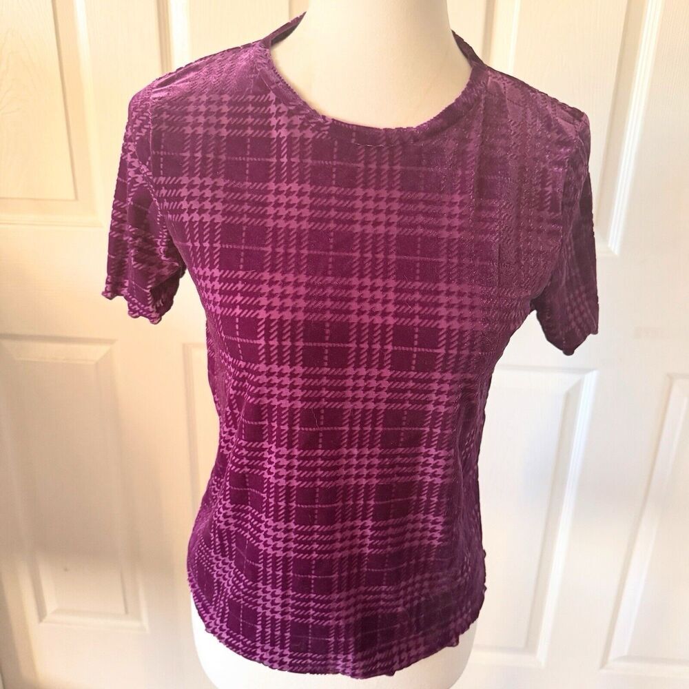Glen Plaid Womens Velvet Velour Top Size Small Purple Nostalgic Retro  90s Y2K